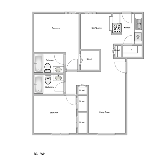 Floor plan for 2 beds, 2 baths, 1085 sqft